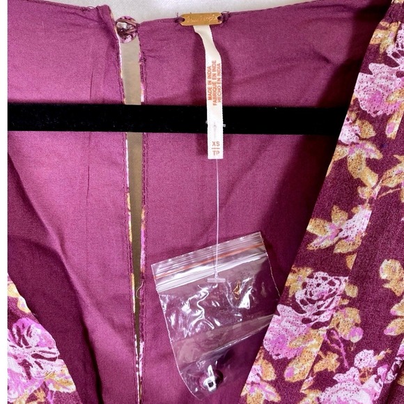 NWT Free People XS Mini Dress Floral Purple Long Sleeve Boho Cottage Western FP - Picture 4 of 6